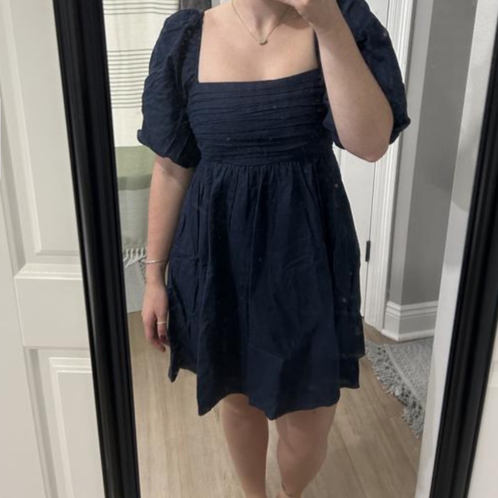 The A&F Emerson Linen-Blend Puff Sleeve Mini Dress Navy Size Large Tall - Picture 2 of 15